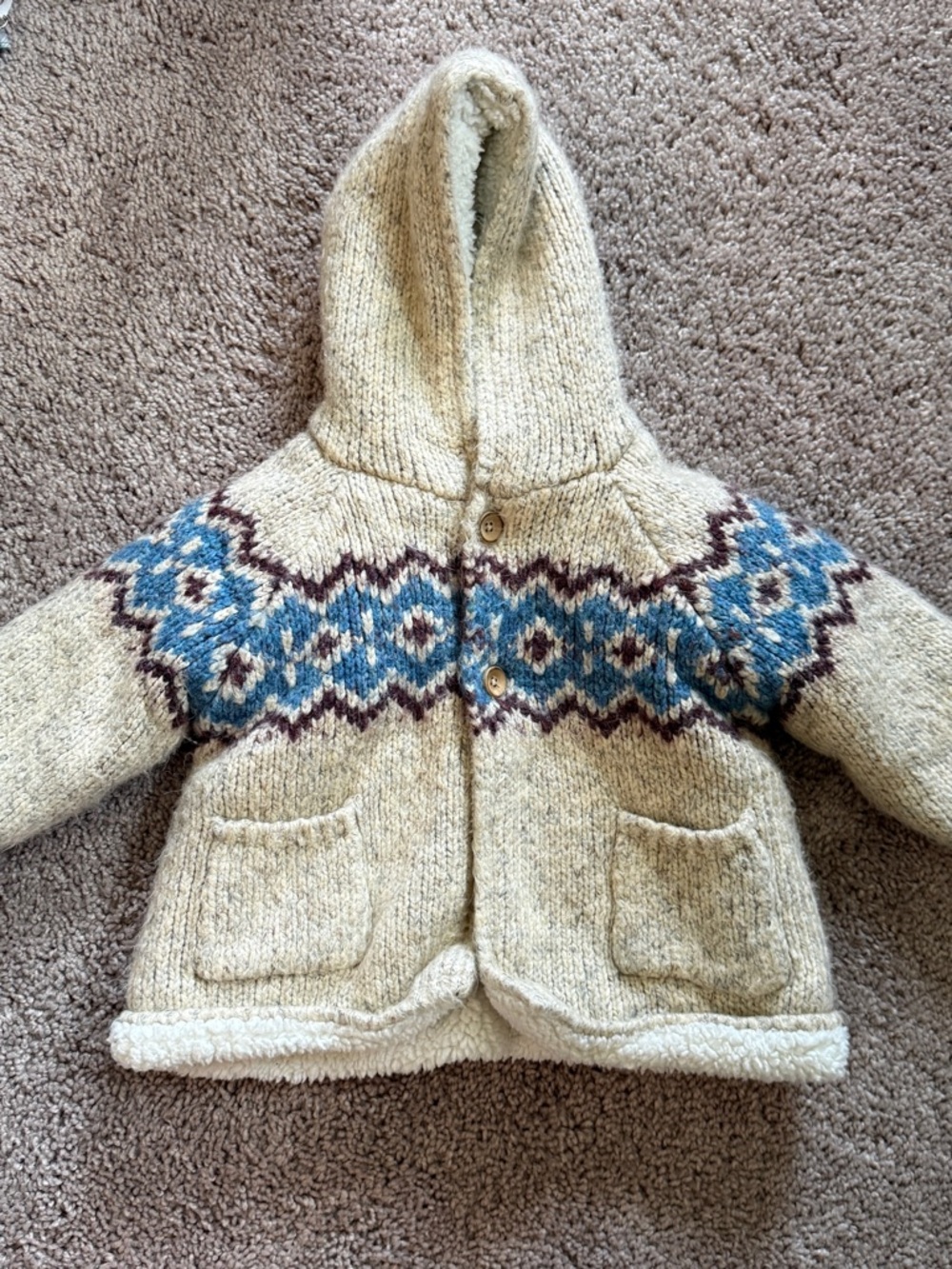 Zara Cream Hooded Knit Sweater with Blue and Brown Fair Isle lined Sherpa